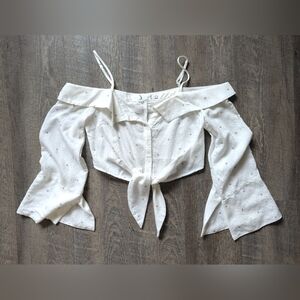 🐰Lush Star Print Off-Shoulder Button Crop Top